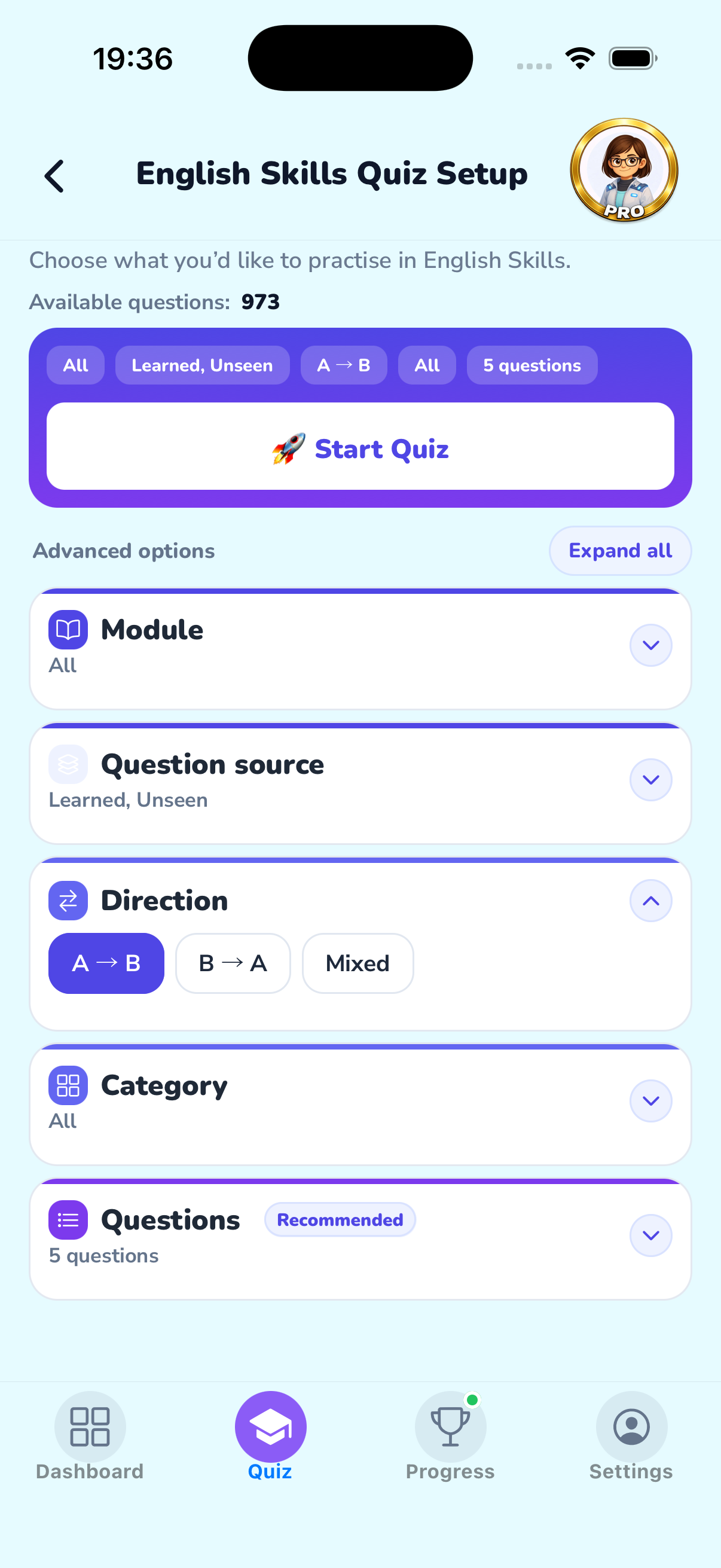 English Skills quiz screen